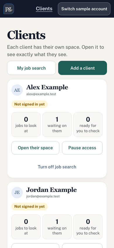 Career Ops coach view: a list of client spaces with jobs to look at, items waiting on the client and items ready to check