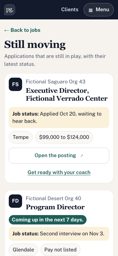 Career Ops Still moving screen: applications with their latest status, such as applied Oct 20 and a second interview on Nov 3